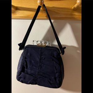 VINTAGE LUCITE HANDLE WITH BRASS HARDWARE NAVY FABRIC PURSE